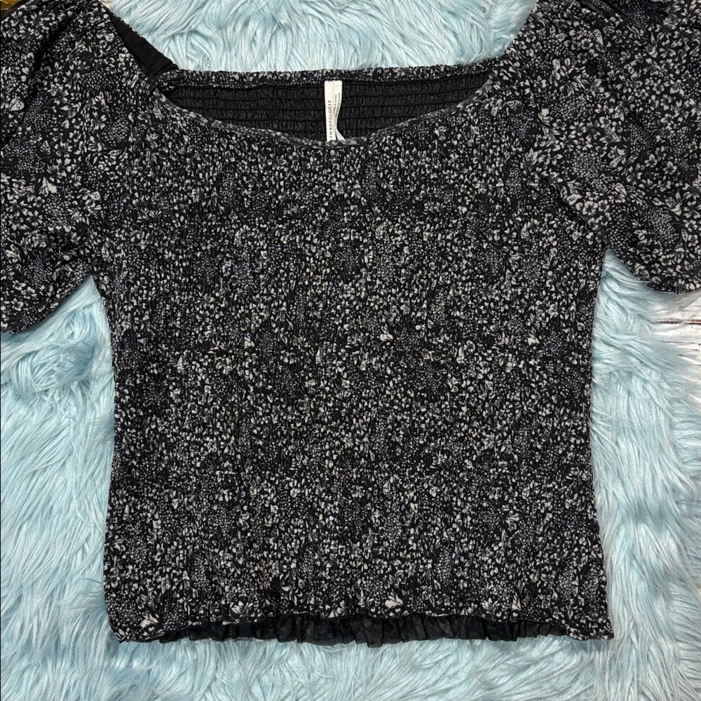 Anthropologie Aurelia floral printed smocked mesh black white top - Picture 6 of 9